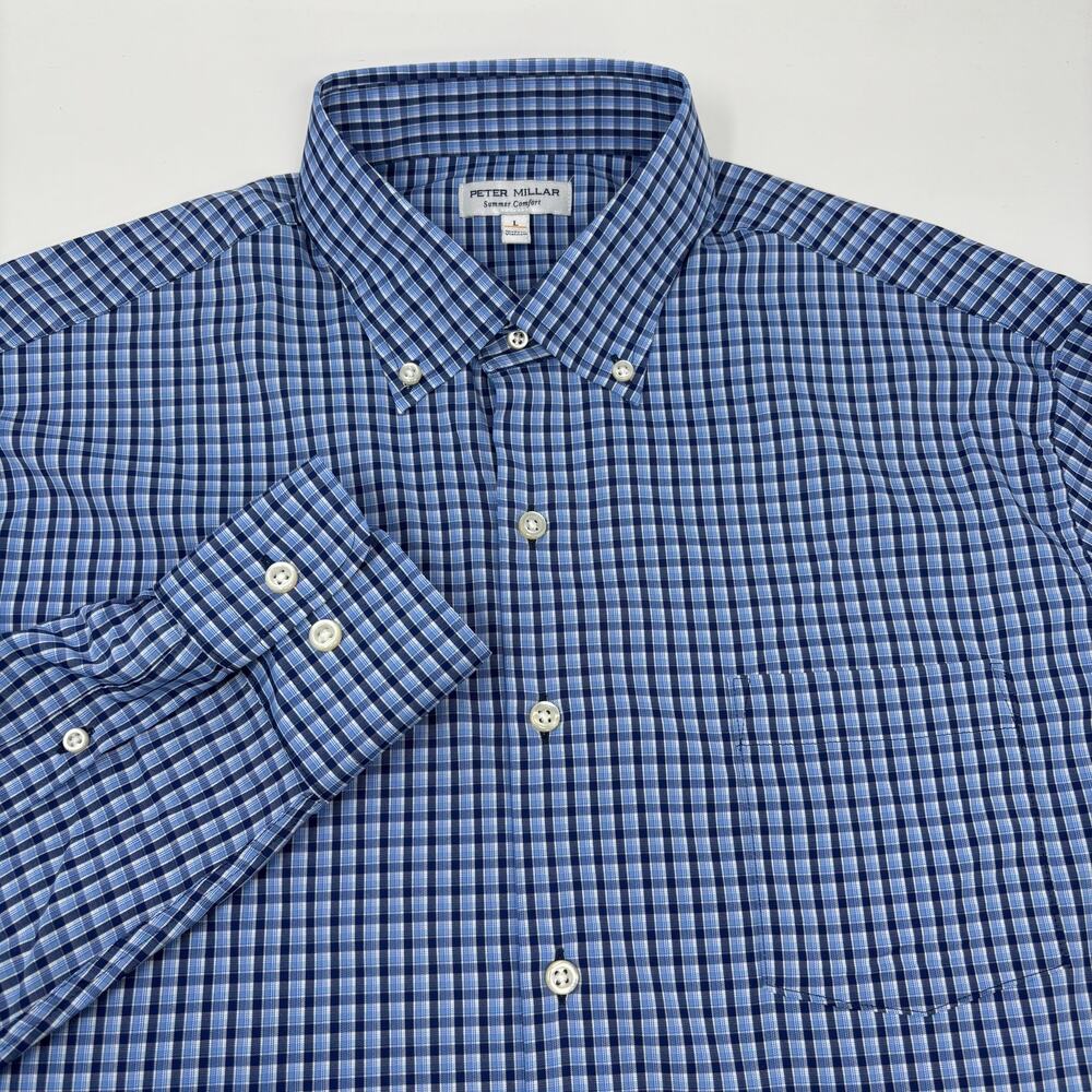 Peter Millar Summer Comfort Large Blue Check Long Sleeve Button Up Shirt